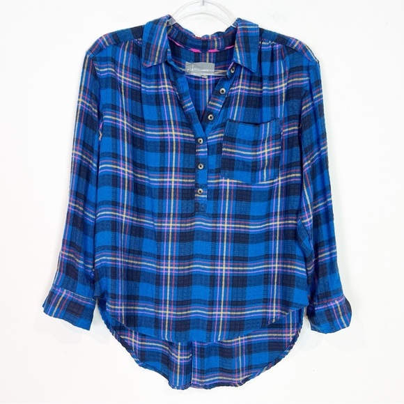 ANTHROPOLOGIE BLUE PLAID ISADORA BUTTON BACK TUNIC BLOUSE WOMENS SZ SMALL PETITE - Picture 4 of 9